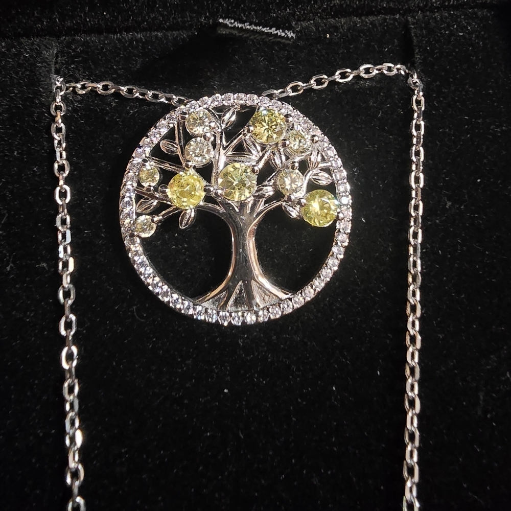 Elegant Silver Tree of Life Necklace with Yellow Accents